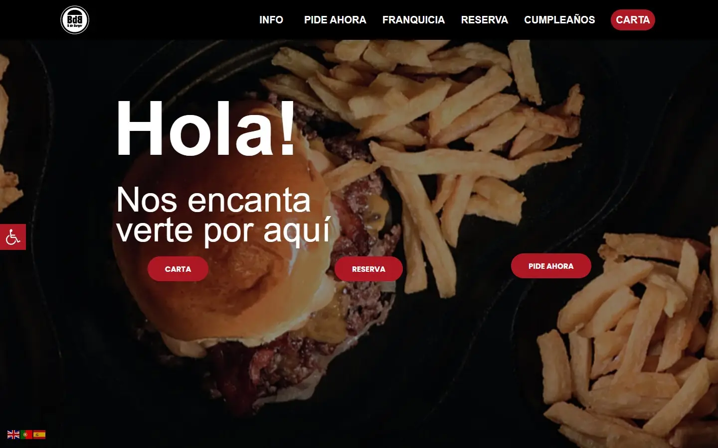 Página de inicio de la web de B de Burger