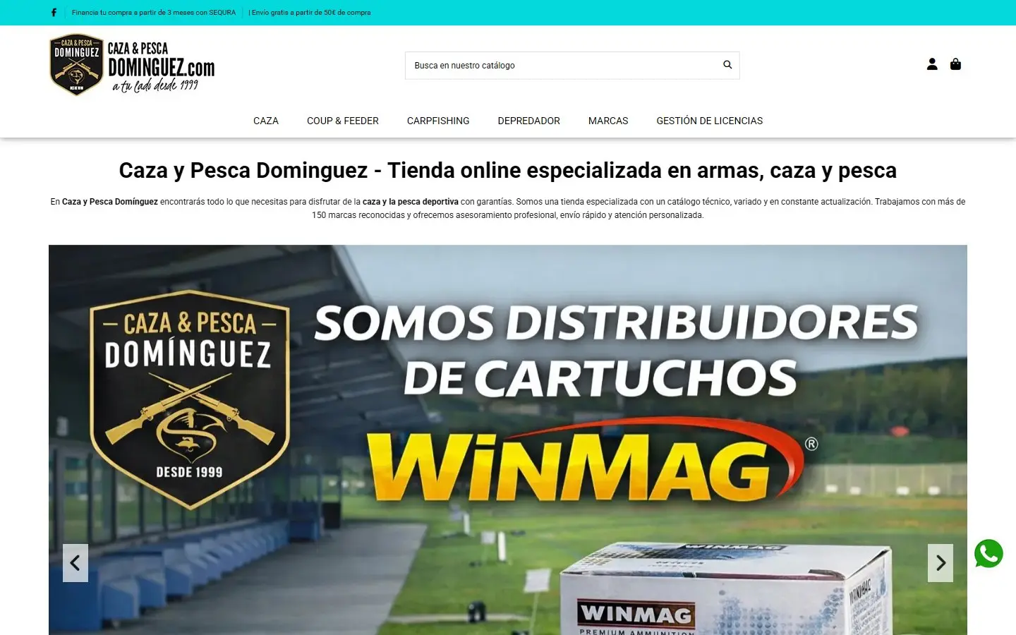 Página de inicio de la web de Caza y Pesca Domínguez