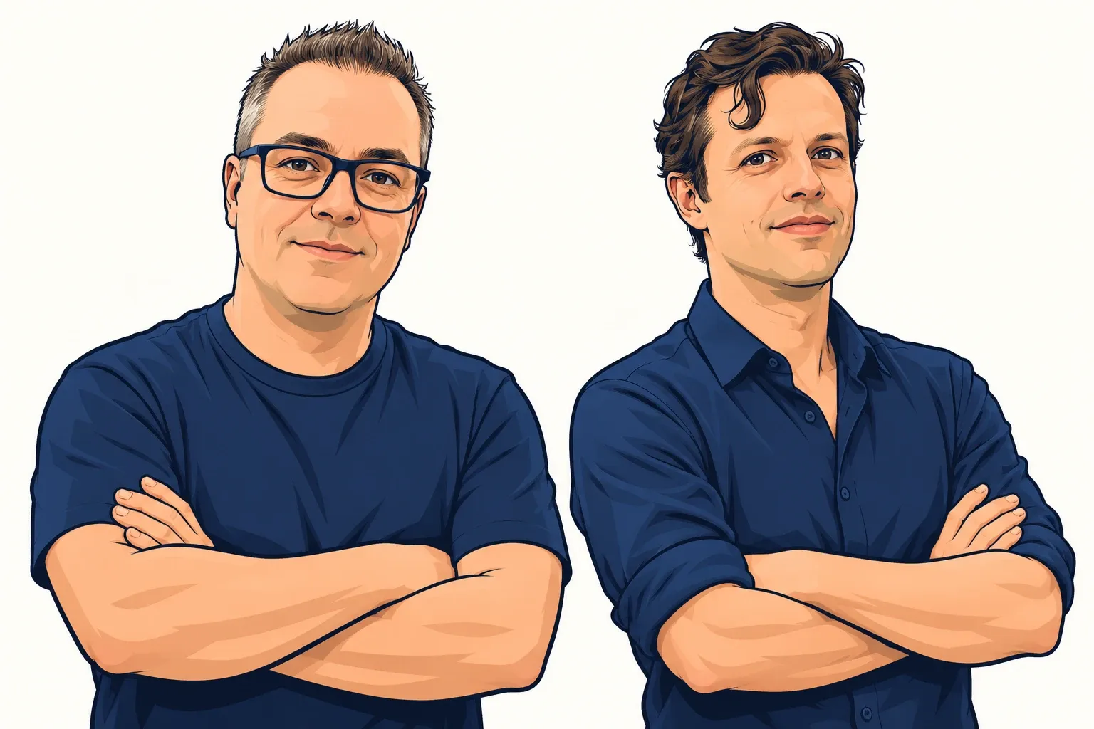 Ilustración de Jaime y Jesús, cofundadores de Extrema Digital, con los brazos cruzados